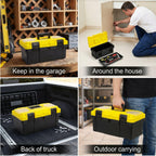 16 Inch Plastic Tool Box with Handle, Portable Toolbox with Removable Tray and Lockable , Heavy Duty Toolbox Organizer with Small Parts Box for Household Workshops Garages, Black Yellow