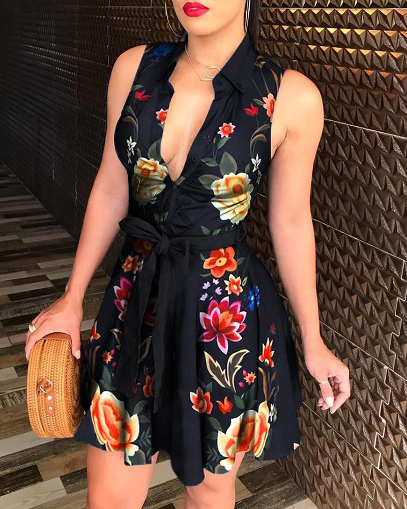floral print tied waist sleeveless shirt dress