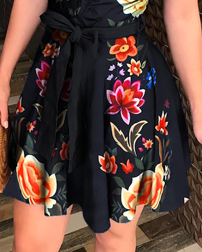 floral print tied waist sleeveless shirt dress
