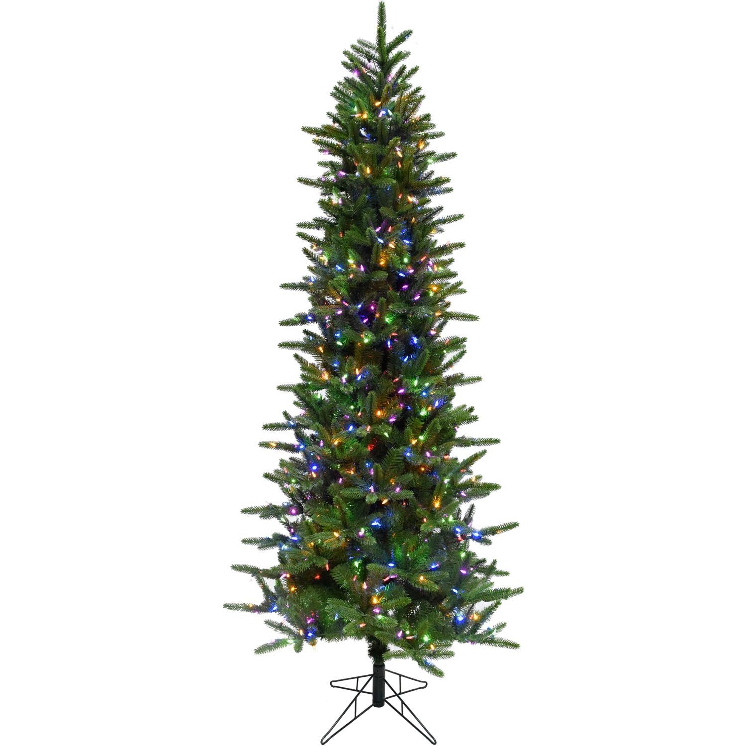 Fraser Hill Farm Multi-color Prelit LED Green Hinged Carmel Pine Slim Artificial Christmas Tree, with String Lighting 9'