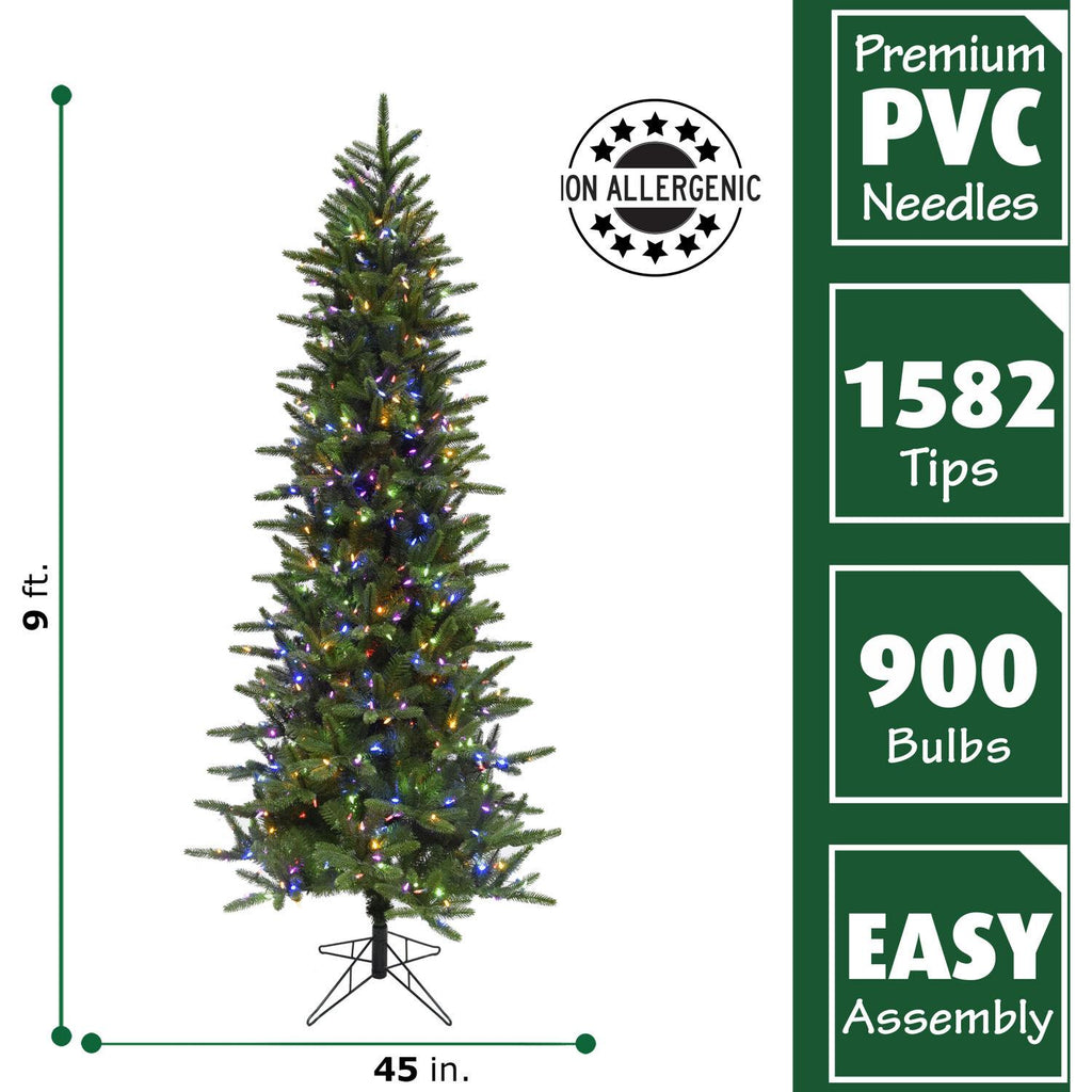 Fraser Hill Farm Multi-color Prelit LED Green Hinged Carmel Pine Slim Artificial Christmas Tree, with String Lighting 9'