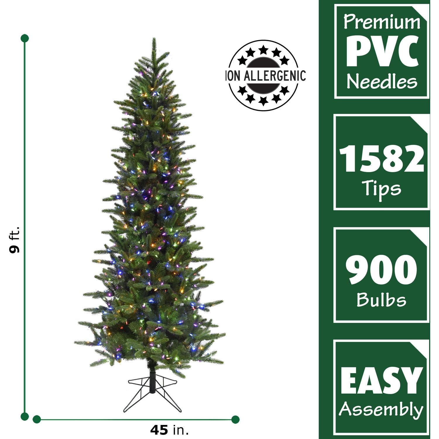 Fraser Hill Farm Multi-color Prelit LED Green Hinged Carmel Pine Slim Artificial Christmas Tree, with String Lighting 9'