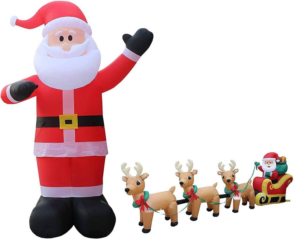 Two Christmas Party Decorations Bundle, Includes 14 Foot Tall HuChristmas Inflatable Santa Claus, and 12 Foot Long Lighted Inflatable Santa Claus on Sleigh with 3 Reindeer &amp; Christmas Tree Blowup