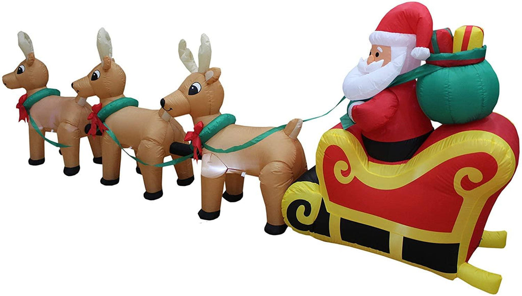 Two Christmas Party Decorations Bundle, Includes 14 Foot Tall HuChristmas Inflatable Santa Claus, and 12 Foot Long Lighted Inflatable Santa Claus on Sleigh with 3 Reindeer &amp; Christmas Tree Blowup