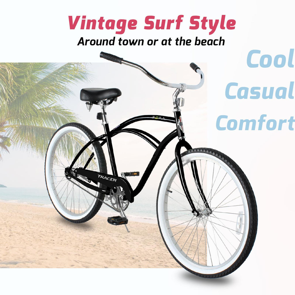 Tracer Lightweight Beach Cruiser Bike for Adult, 26 Inch Wheels, Featuring Steel Step Over or Step Through Hi Ten Steel Frame, 1 Speed, Coaster Brake, Hybrid Bike, Complete Cruiser Bikes, Black, Male