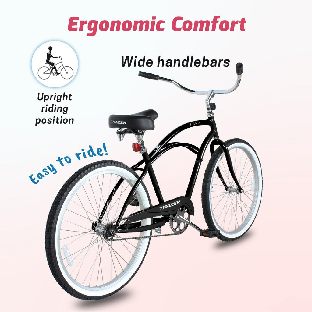 Tracer Lightweight Beach Cruiser Bike for Adult, 26 Inch Wheels, Featuring Steel Step Over or Step Through Hi Ten Steel Frame, 1 Speed, Coaster Brake, Hybrid Bike, Complete Cruiser Bikes, Black, Male