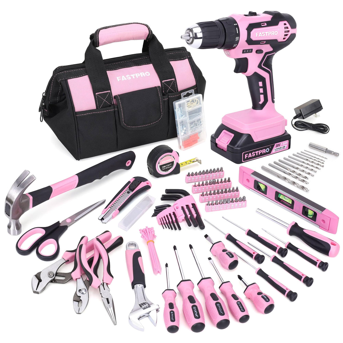232-Piece Pink Tool Set with Drill, 20V Cordless Drill Driver and Home Tool Set, Pink Drill Set for Women, Lady's Repairing Kit with 12-Inch StoraBag, Pink