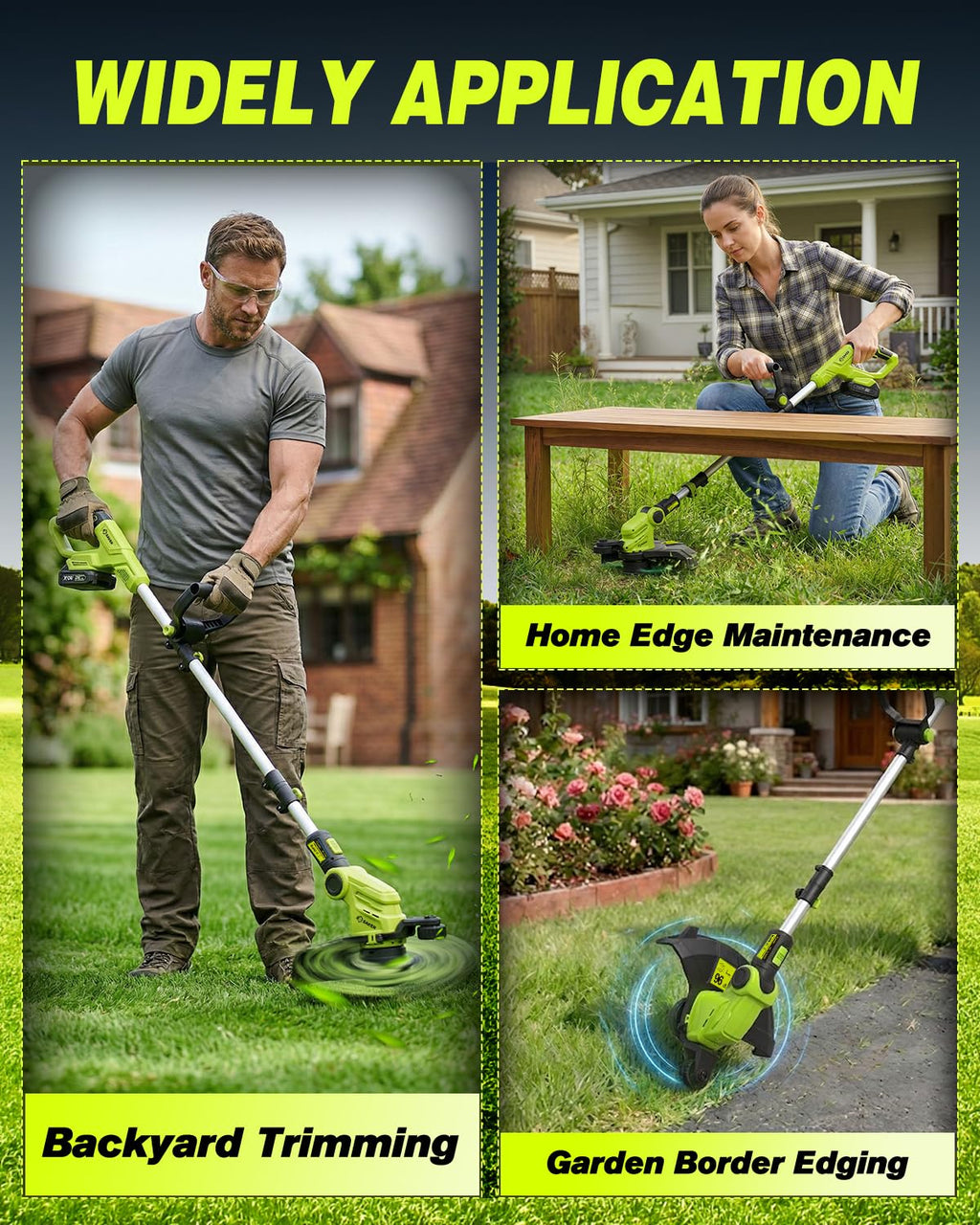 Cordless Weed Wacker,3-in-1 Weed Cutter with Auto Line Feed, 12-in Cordless Lawn Mower Grass Trimmer&amp;Edger Lawn&amp;Mower Tool with 2 Batteries for Yard, Garden,Wireless Weed Eater with 2 Lines