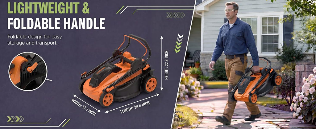 Cordless Lawn Mower, 17-Inch Battery Powered Electric Push Mower, 2-in-1 Mulching &amp; Bagging, 6 Cutting Heights, 40L Grass Bag, Lightweight Walk-Behind Mower for Small to Medium Yards, Orange