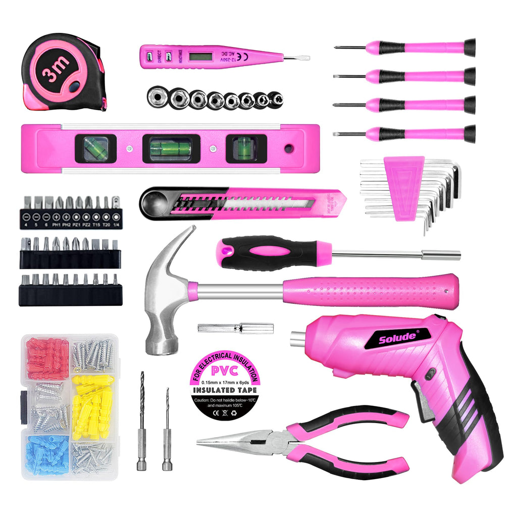 Pink Tool Set for Women,130 Piece Home Tool Kit for Women with 3.6V Cordless Rechargeable Screwdriver,Basic Household Tool Kit Set for Home,Apartment,ColleDorm & DIY Projects