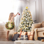 Gymax Hinged Green Snow Flocked Hinged Pine Artificial Christmas Tree, with Metal Stand 6'