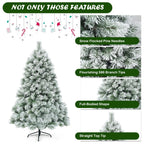 Gymax Hinged Green Snow Flocked Hinged Pine Artificial Christmas Tree, with Metal Stand 6'