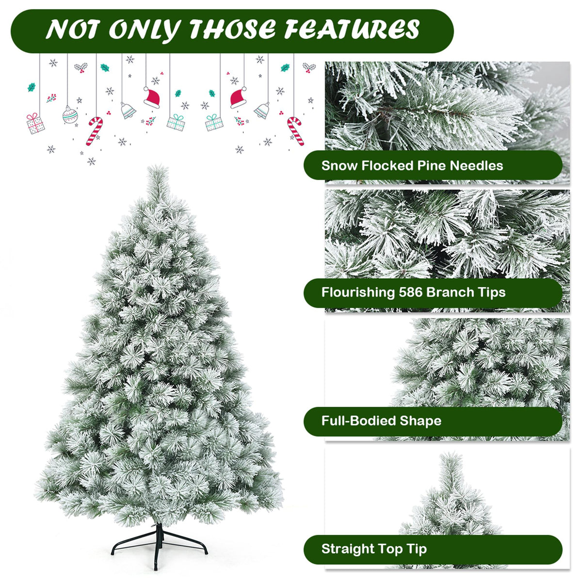 Gymax Hinged Green Snow Flocked Hinged Pine Artificial Christmas Tree, with Metal Stand 6'