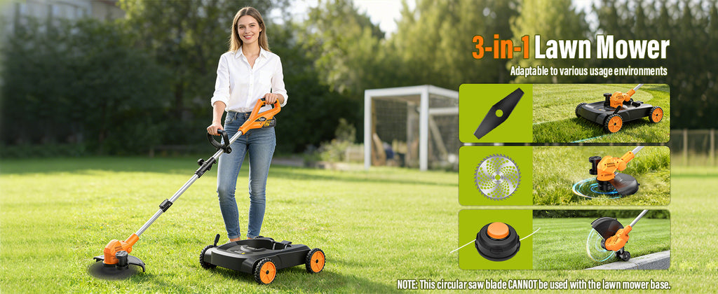 18.9" Cordless Lawn Mower, String Trimmer &amp; Wheeled Edger 3-in-1 Combo, Brushless 2 * 4.0Ah Batteries, 3 Blades, Adjustable Height &amp; Angle Electric Weed Eater and Lawnmower