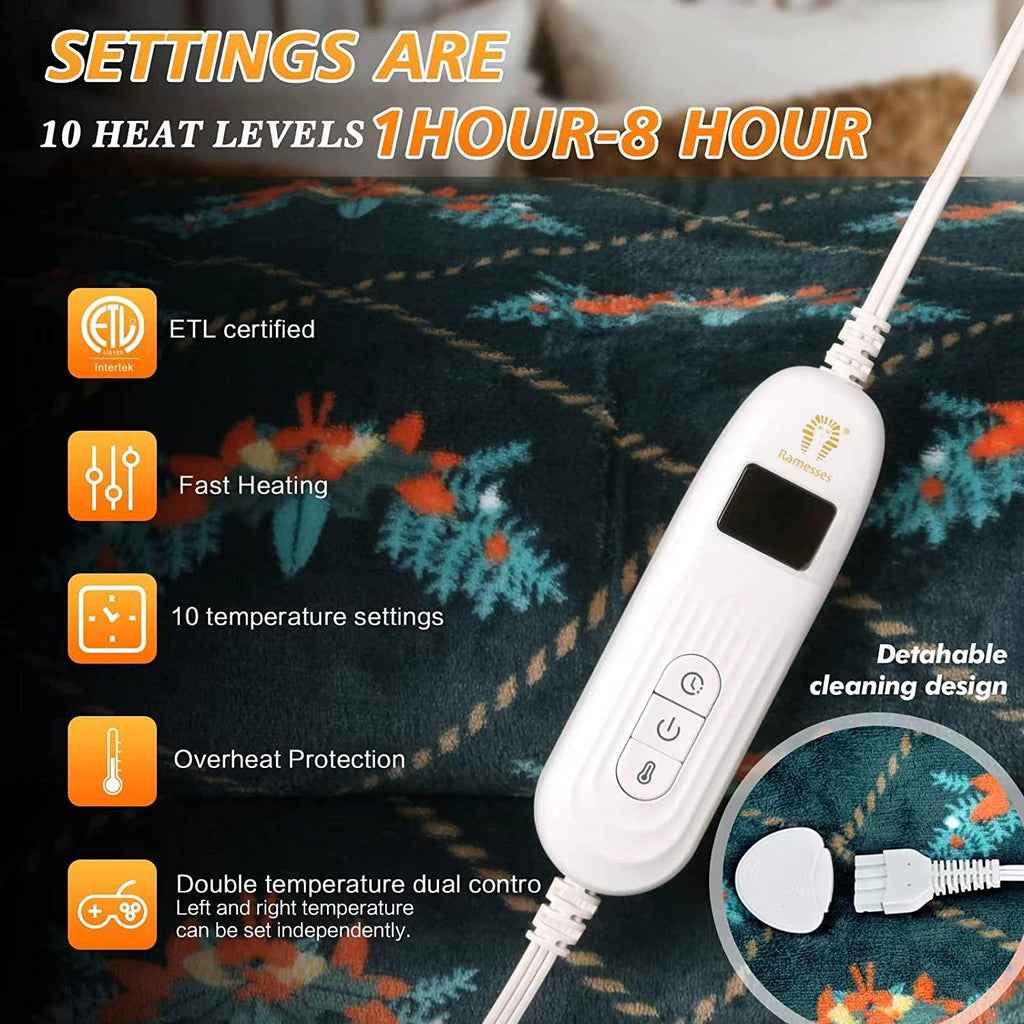 Queen Size Electric Blanket, Double Control with 10 Heating Levels, Adjustable Timer Auto Off, Machine Washable Fast Heating Heated Blanket Throw (Green, 84×90 Queen)