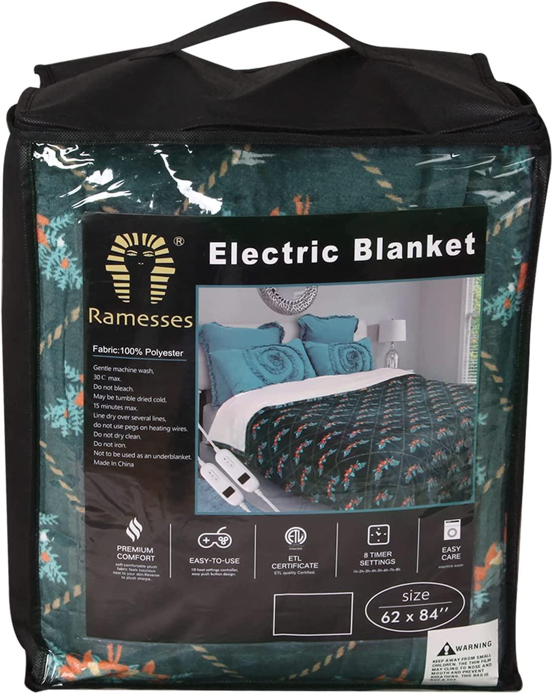 Ramesses Electric Blanket Throw  Single Control with 10 Heating Levels  Adjustable Timer Auto Off  Machine Washable Fast Heating Heated Blanket Throw (Green  62×84 Twin)