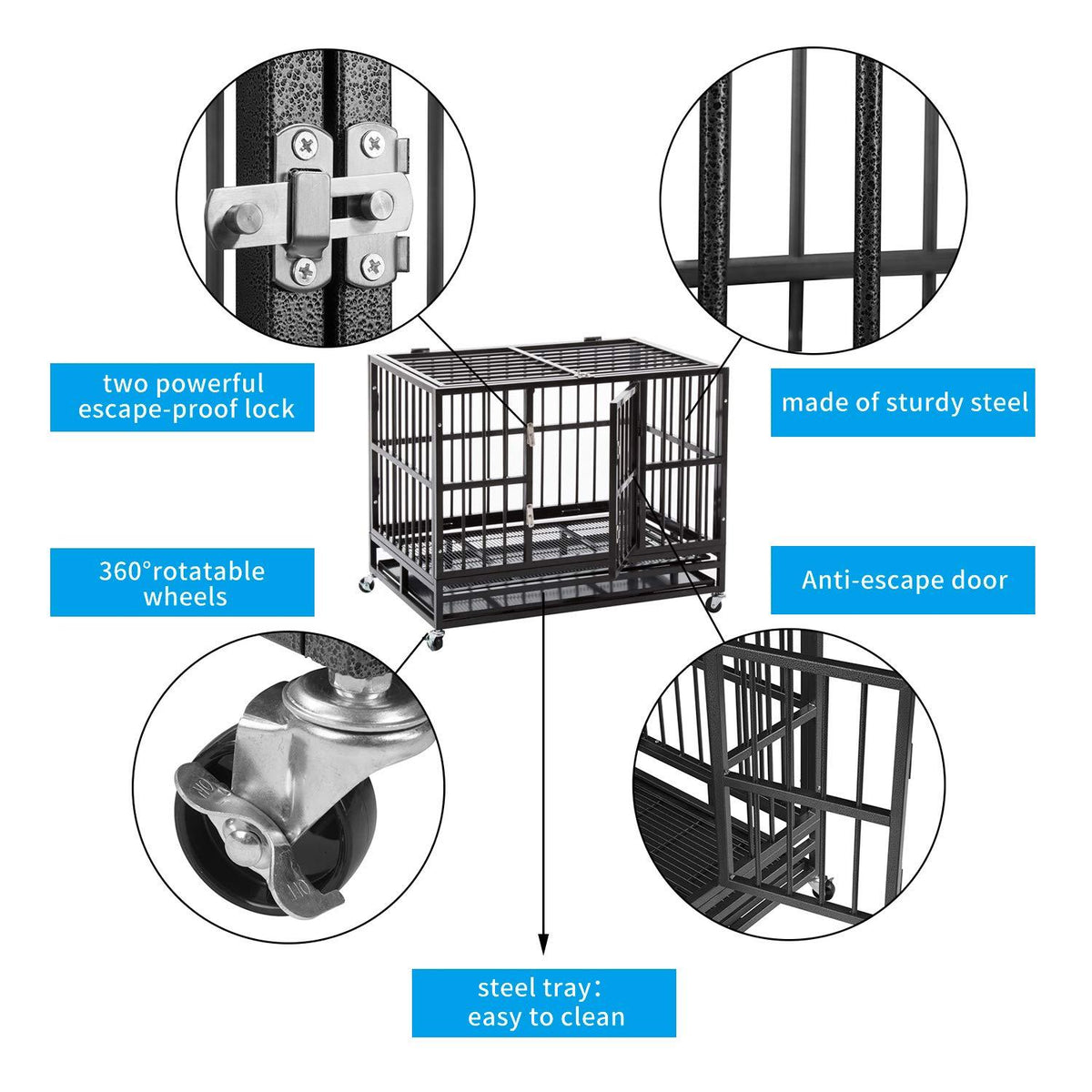 ppy 37" Heavy Duty Dog Crate for LarDog - Flodable Pet Dog Kennel Strong Steel with Wheels