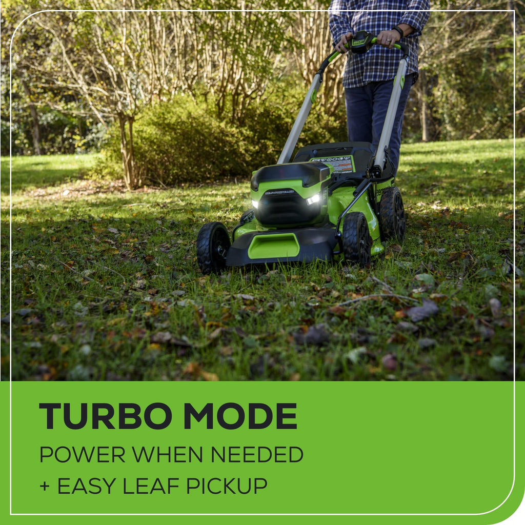 60V 21" Brushless (Self-Propelled) Cordless Lawn Mower, 2 x 4.0Ah Batteries (3/4 Acre, Rapid Charger, 4-in-1, LED Lights, IPX4)