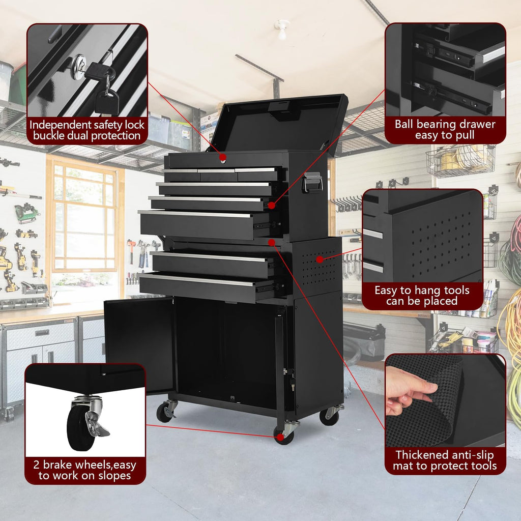 8-Drawer Rolling Tool Chest, 2-in-1 High Capacity Removable Cabinet StoraTool Box with Wheels and Drawers, Detachable Toolbox with Lock for Workshop Mechanics Gara(Black)