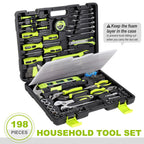 198-Piece Household Tool Set, Home Repairing Tool Set with Toolbox, SAE Mechanics Hand Tool Kit for DIY, Home Maintenance, Green