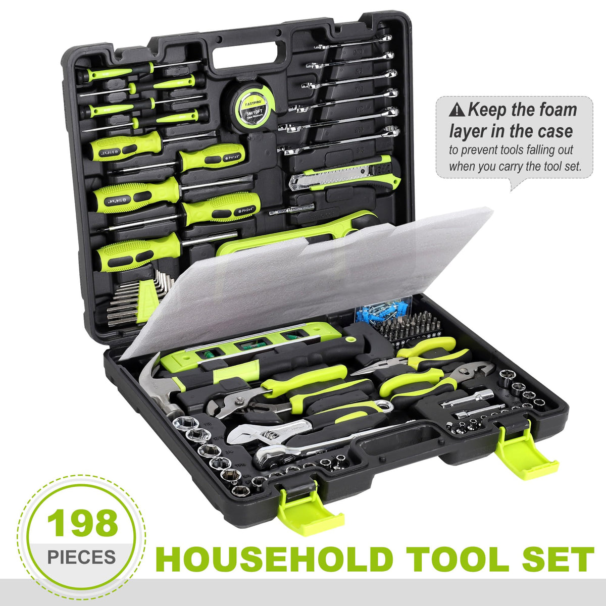 198-Piece Household Tool Set, Home Repairing Tool Set with Toolbox, SAE Mechanics Hand Tool Kit for DIY, Home Maintenance, Green