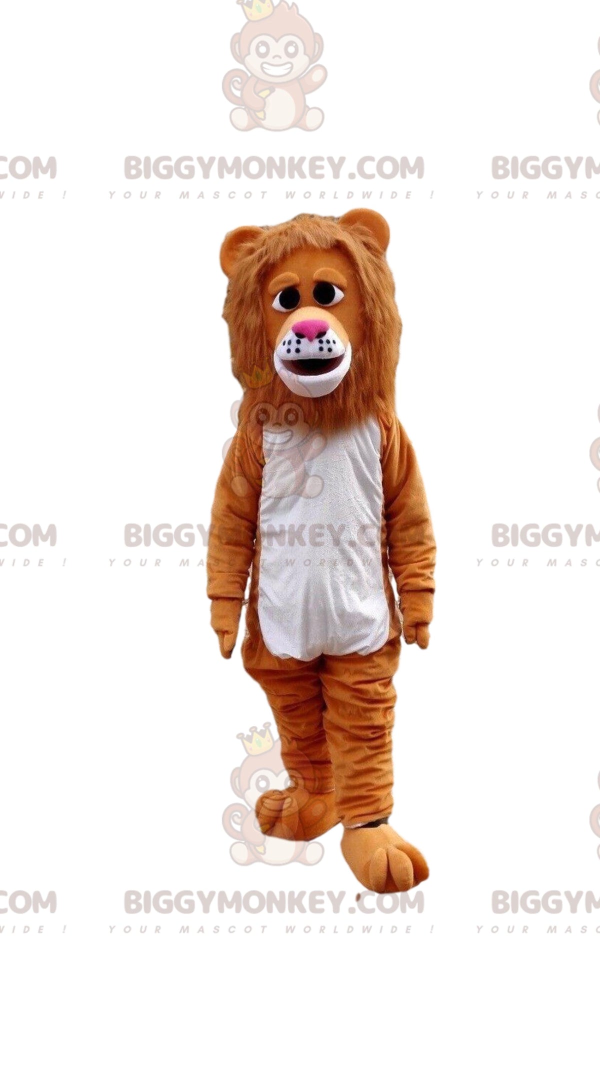 Sad looking brown lion BIGGYMONKEYmascot costume, feline costume