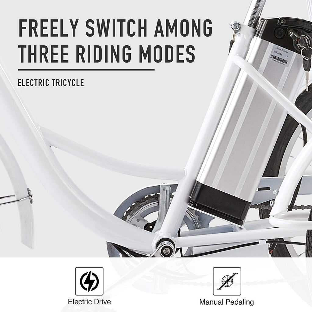 Viribus 3 Wheel Electric Bike for Adults with 250w Motor, Bike Tube, Removable 36V 10Ah Lithium Battery, Adult Tricycle with Adjustable Cruiser Bike Seat and Bike Basket, Exercise Bike