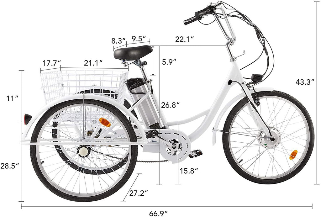 Viribus 3 Wheel Electric Bike for Adults with 250w Motor, Bike Tube, Removable 36V 10Ah Lithium Battery, Adult Tricycle with Adjustable Cruiser Bike Seat and Bike Basket, Exercise Bike
