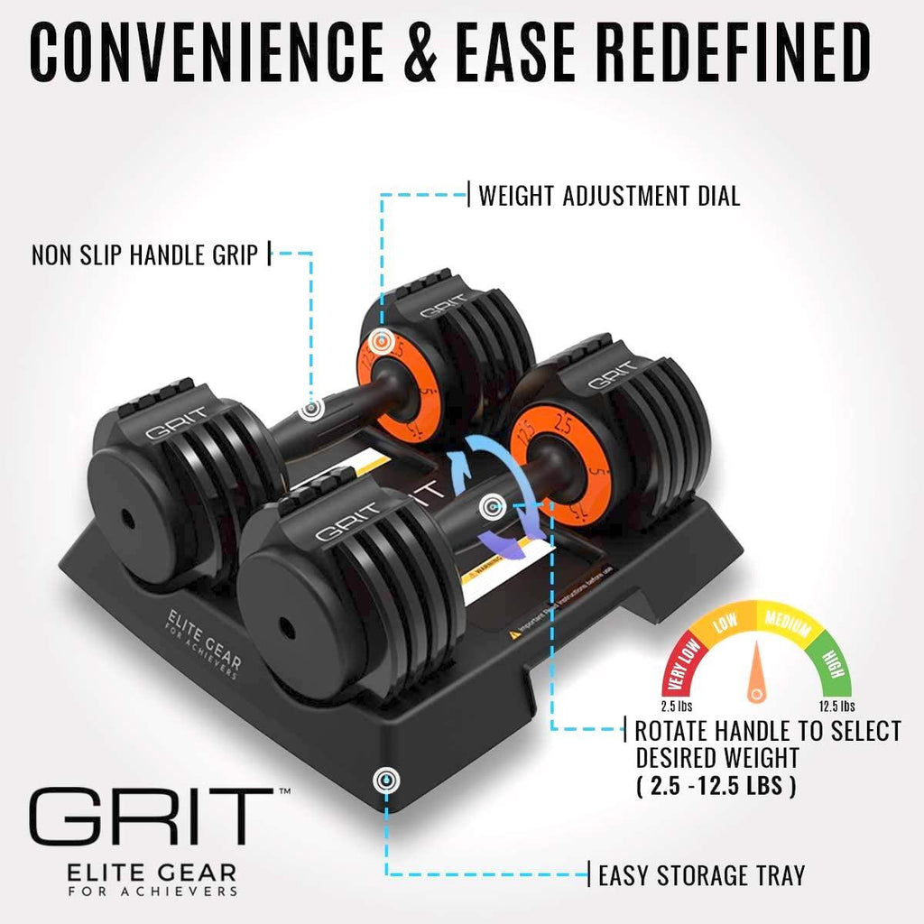 Grit Adjustable Dumbbells (Pair) - 2.5 to 12.5 lb - Fast Adjusting Weights with Tray for Men and Women