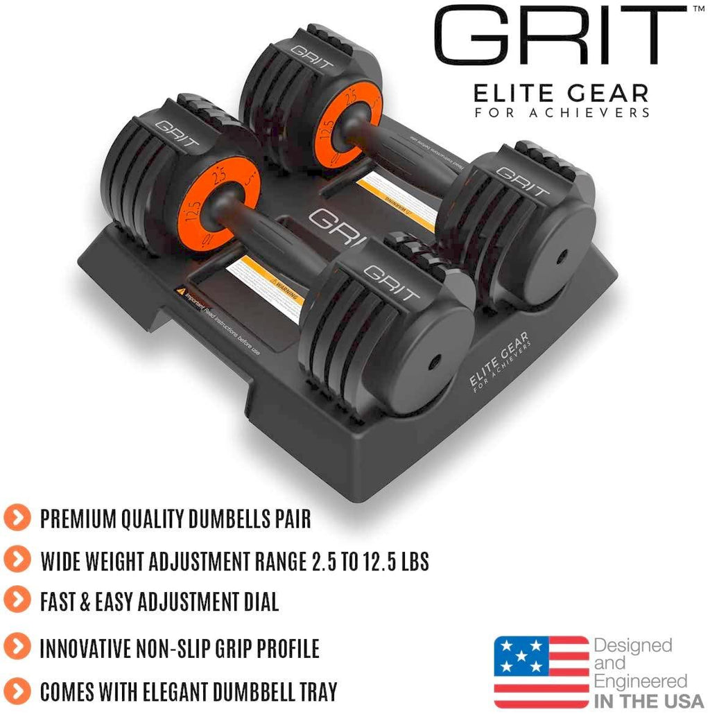 Grit Adjustable Dumbbells (Pair) - 2.5 to 12.5 lb - Fast Adjusting Weights with Tray for Men and Women