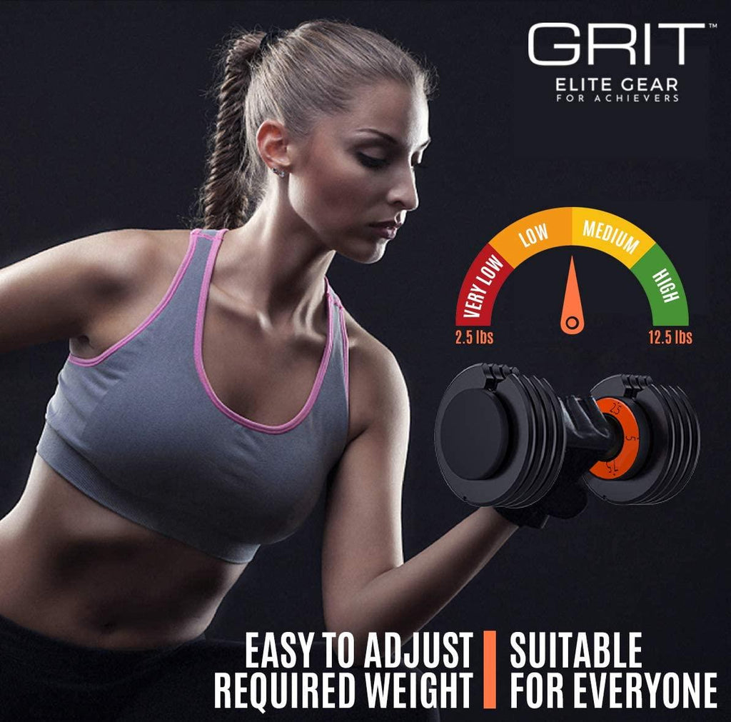 Grit Adjustable Dumbbells (Pair) - 2.5 to 12.5 lb - Fast Adjusting Weights with Tray for Men and Women