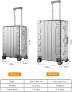 20-inch Aluminum-Magnesium Alloy Carry-on Hardside Suitcase Hard Shell Luggage, Built-In TSA Lock, Zipperless Fashion with Spinner Wheels for Travel / Business, Silver