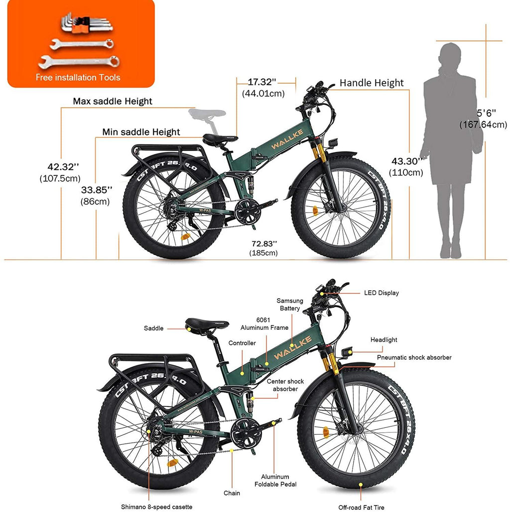 W Wallke X3 Pro Electric Bike for Adult 26 inch Fat Tire Ebikes Foldable 48V Lithium Battery Ebike 750W Mountain Snow Beach Electric Bicycle Dual Shock Absorbers 8 Speed