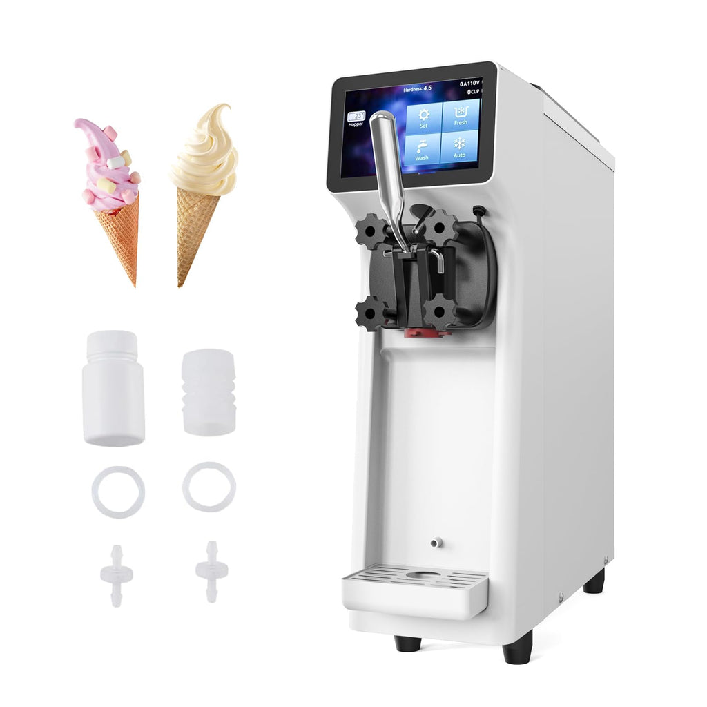 Commercial Ice Cream Maker Machine 1000W 2.7 to 4 Gal/H Single Flavor Soft Serve Ice Cream Machine Pre-cooling Auto Clean LCD Touch Screen Soft Serve Maker for Snack Bar Restaurants