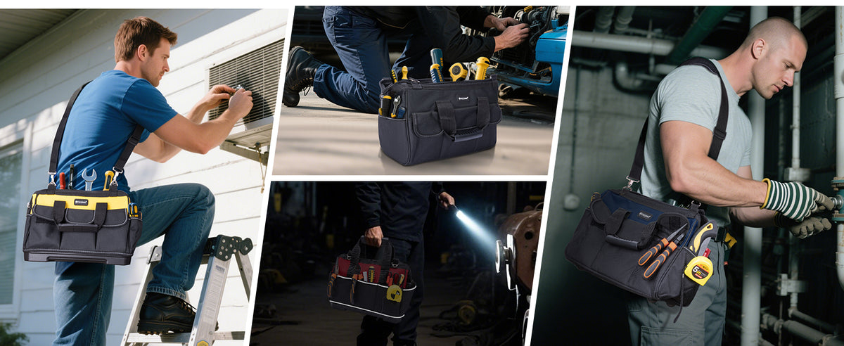 Heavy Duty Tool Bag with Multi-Pockets, Portable Tool Box Organizer StoraBag, with Adjustable Shoulder Strap and Ergonomic Handle (Black, 12" Standard Base)