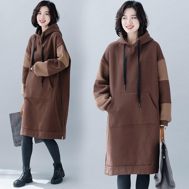 Autumn Winter Hooded Loose Velvet Sweatshirt Dress