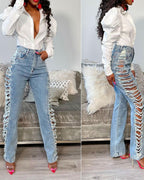 high waist slant pocket ripped jeans