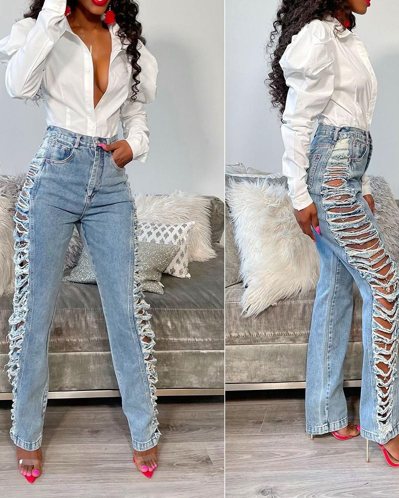 high waist slant pocket ripped jeans