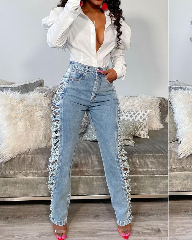 high waist slant pocket ripped jeans