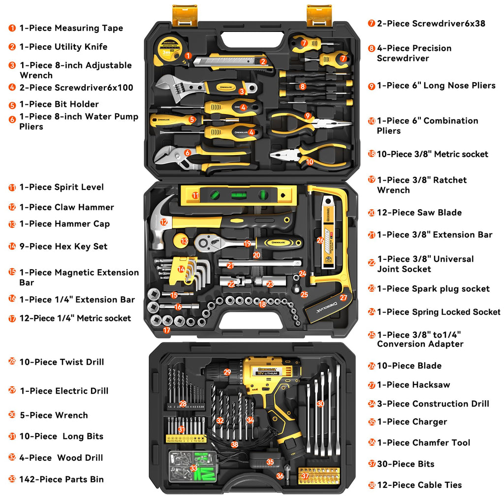 Tool Kit Box Drill Set with 12V Power Cordless Drill 299-Piece Tool Kit for Home Tool Set StoraCase with Drawer General Household Drill Set for Home Mechanics Repairs Men & Women, DIY