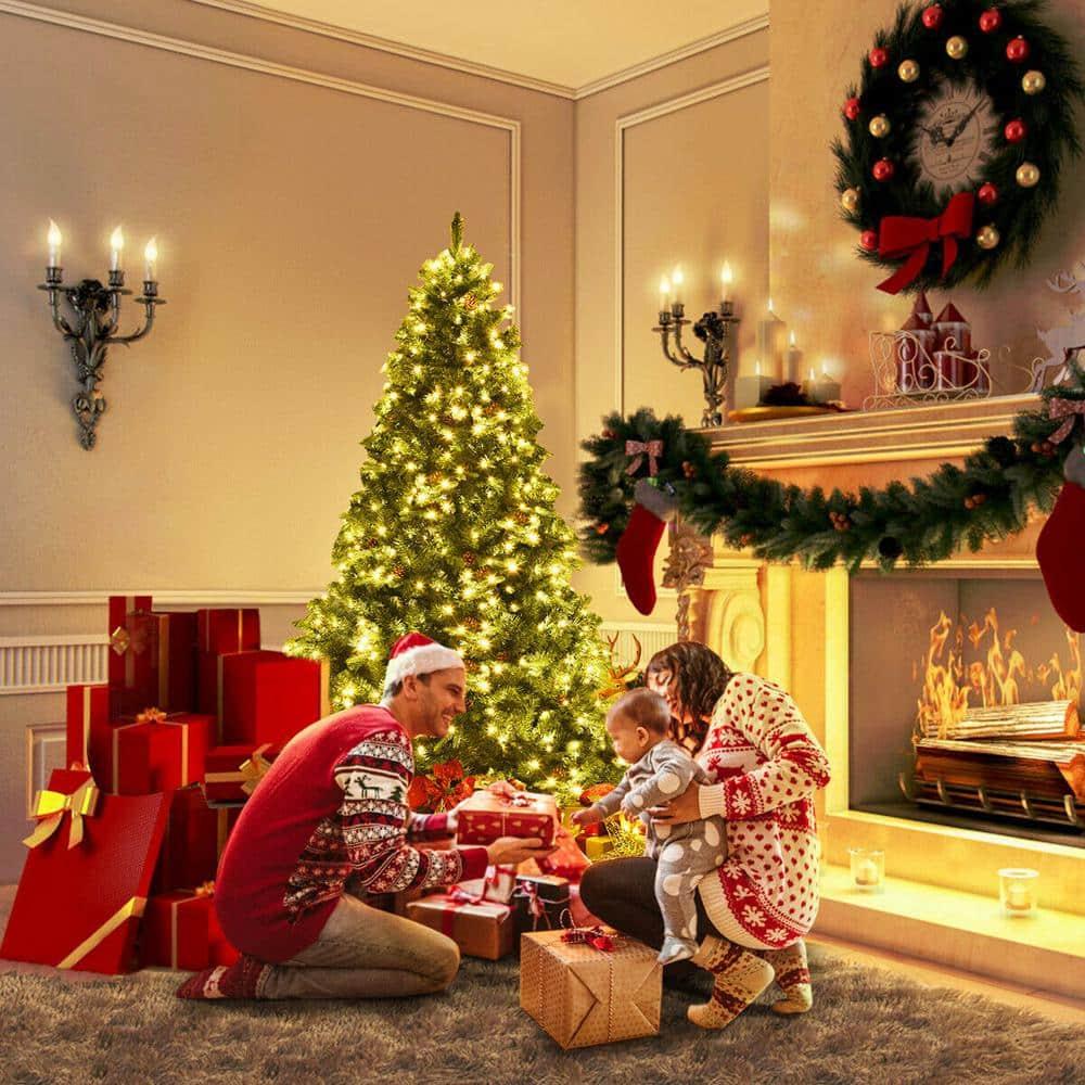 7 ft. Pre-Lit Artificial Christmas Tree Hinged with 460 LED Lights and Pine Cones