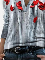 Lapel Long Sleeve Floral Print Casual T-shirt