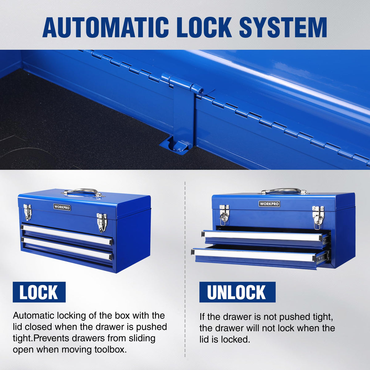 Tool Box with Drawers, 18 Inch with 2 Drawers and 1 Top Storage, Portable Toolbox with Metal Latch and Liner for Garage, Office and Home Storage, 100 LBS Load Capacity (Totally)