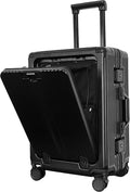Front Opening Spinner Trunk,PC+Aluminium Carry On Luggage With USB Charging Port,TSA LOCK X3,Adjustable 360°Double Mute Wheels,21.5-Inch-(Black)