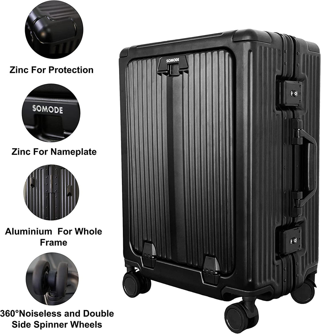 Front Opening Spinner Trunk,PC+Aluminium Carry On Luggage With USB Charging Port,TSA LOCK X3,Adjustable 360°Double Mute Wheels,21.5-Inch-(Black)