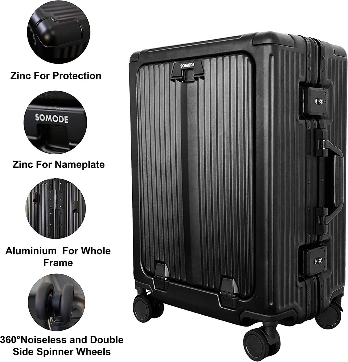 Front Opening Spinner Trunk,PC+Aluminium Carry On Luggage With USB Charging Port,TSA LOCK X3,Adjustable 360°Double Mute Wheels,21.5-Inch-(Black)