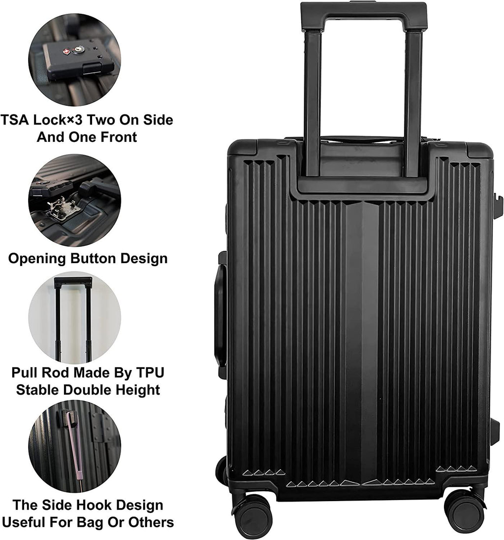 Front Opening Spinner Trunk,PC+Aluminium Carry On Luggage With USB Charging Port,TSA LOCK X3,Adjustable 360°Double Mute Wheels,21.5-Inch-(Black)