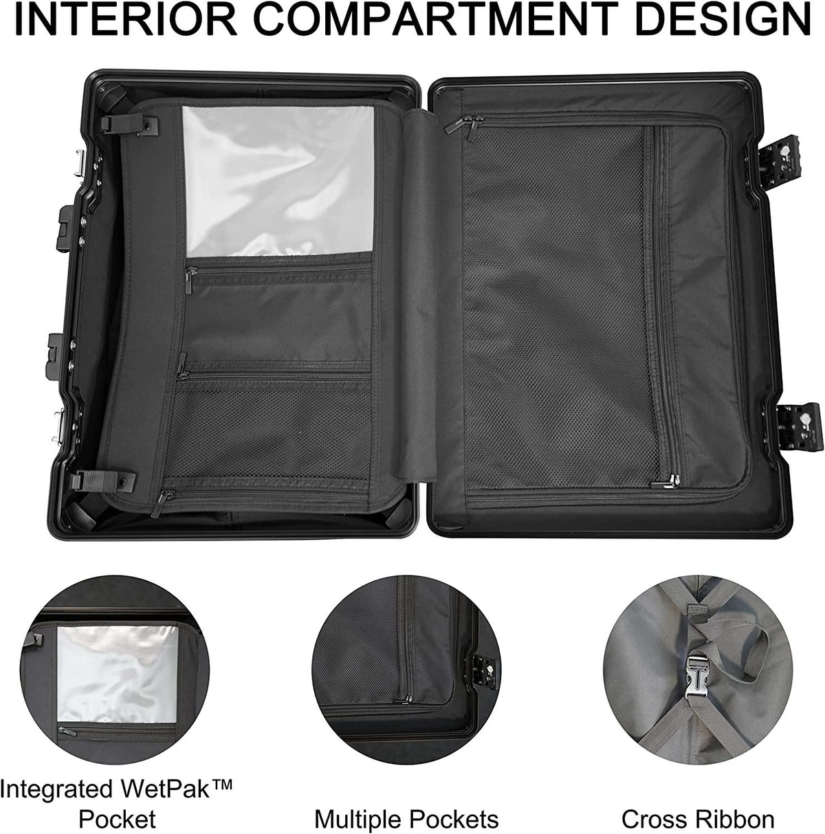 Front Opening Spinner Trunk,PC+Aluminium Carry On Luggage With USB Charging Port,TSA LOCK X3,Adjustable 360°Double Mute Wheels,21.5-Inch-(Black)
