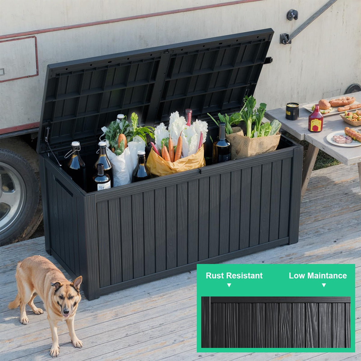 200 Gallon Outdoor Deck Box, Lockable Waterproof Outdoor StoraBoxes For Garden Tools,Indoor Cushions,Accessories Outside StoraResin Weatherproof Container(Black)