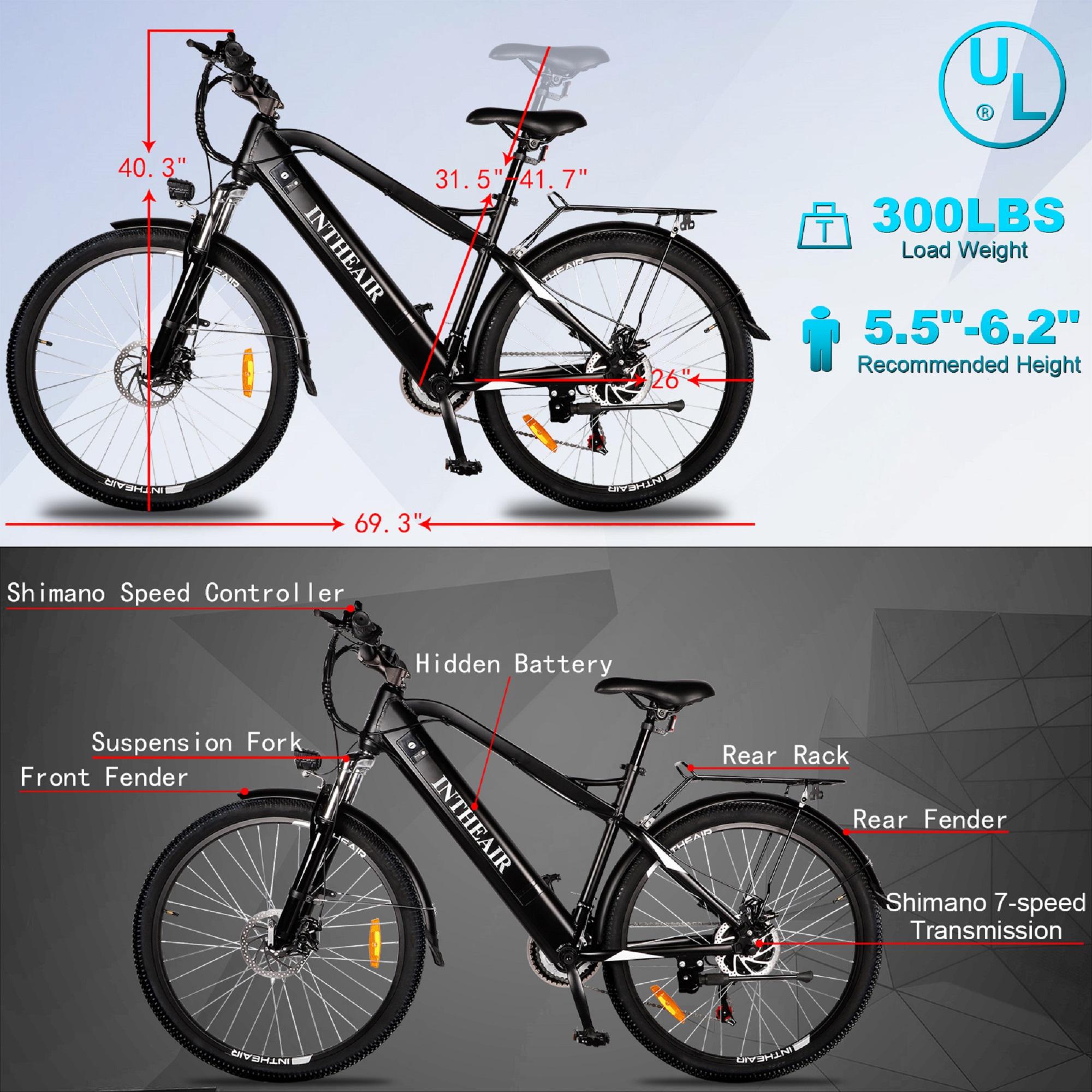 INTHEAIR 26 In. 350 W Ebike for Adults Electric Commuter Bicycle with 36- V/10.4 AH Removable Battery for Men and Women,  21 Speed Gears, Black